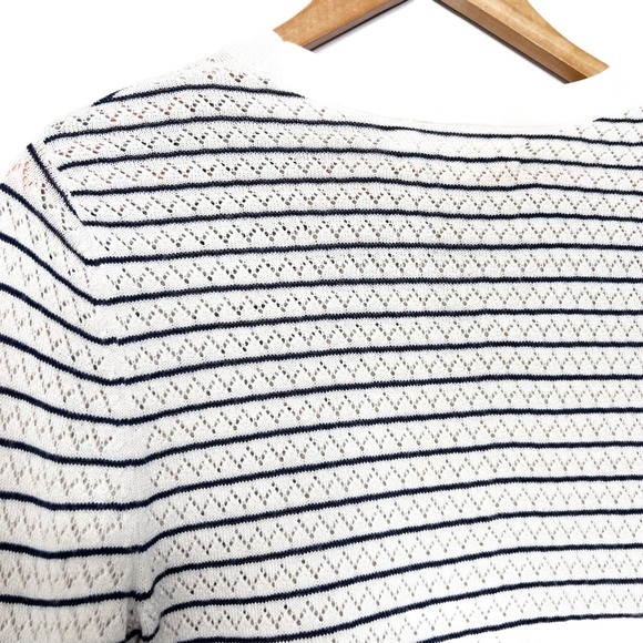 Tory Burch Sport Women Ivory Navy Blue Striped Pointelle Knit Crewneck Sweater M - Picture 6 of 8